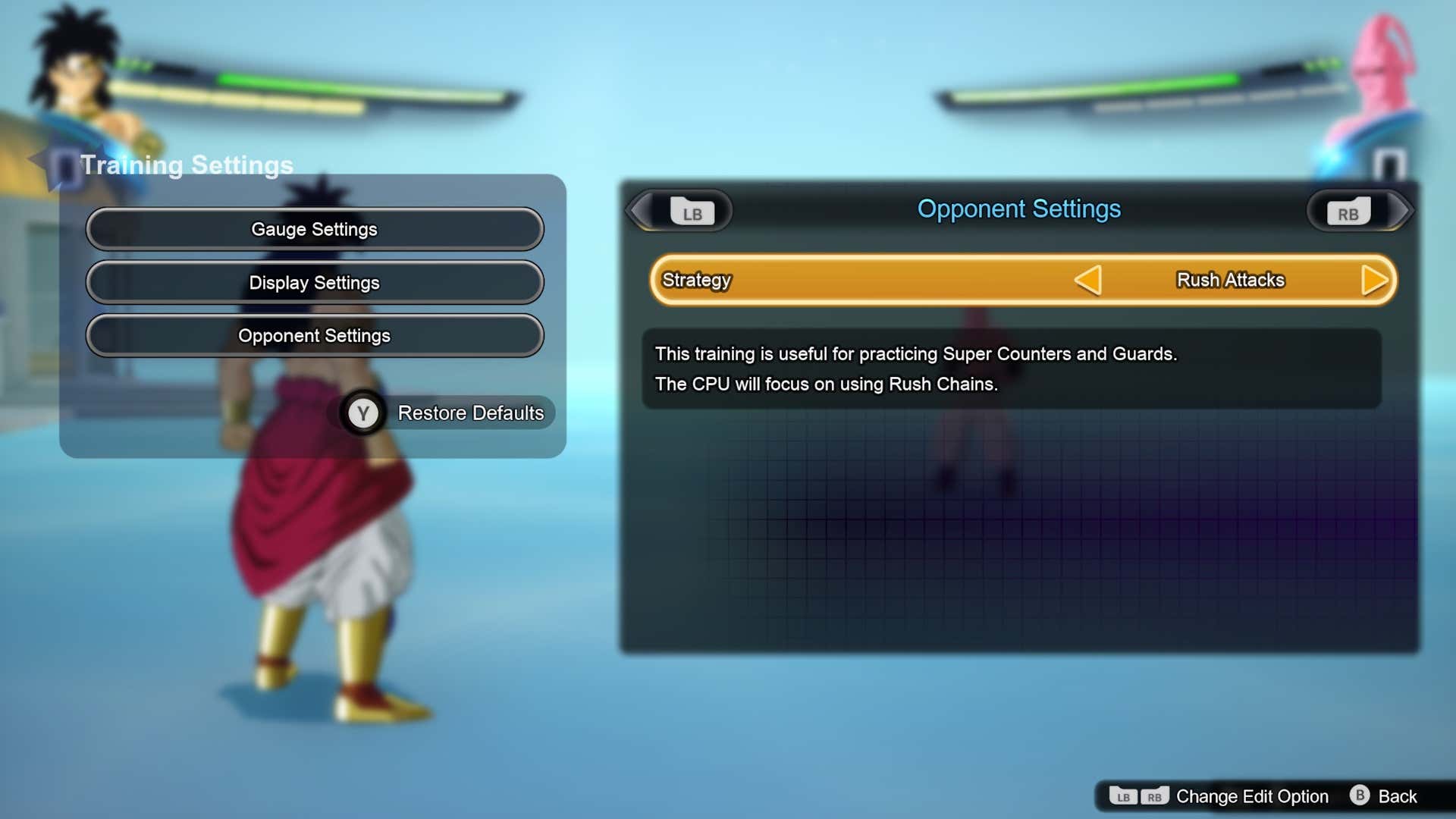 Screenshot showing the opponent settings and strategy submenus in training mode.